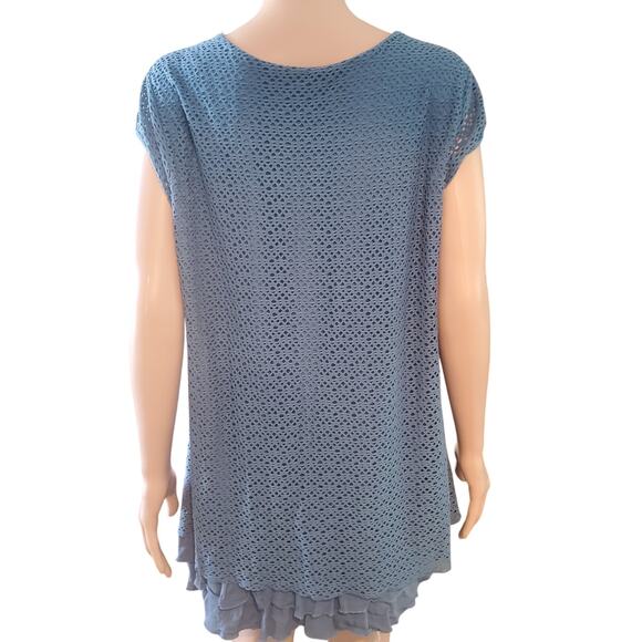Ali Miles Size L Blue Lace Tunic Top Crochet Sheer Panel Ruffle Cap Sleeve - Picture 6 of 10